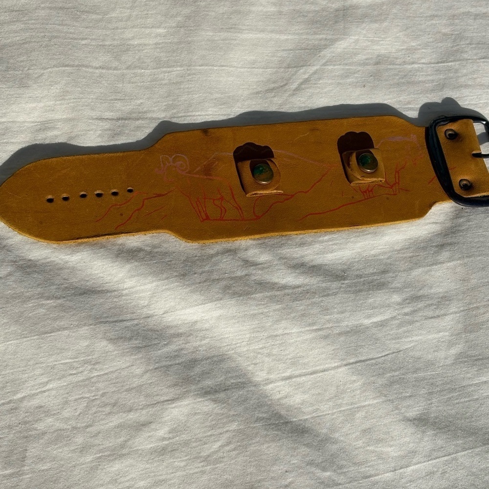 Vintage Hand Tooled Leather Watch Band With Mountain Ram Design